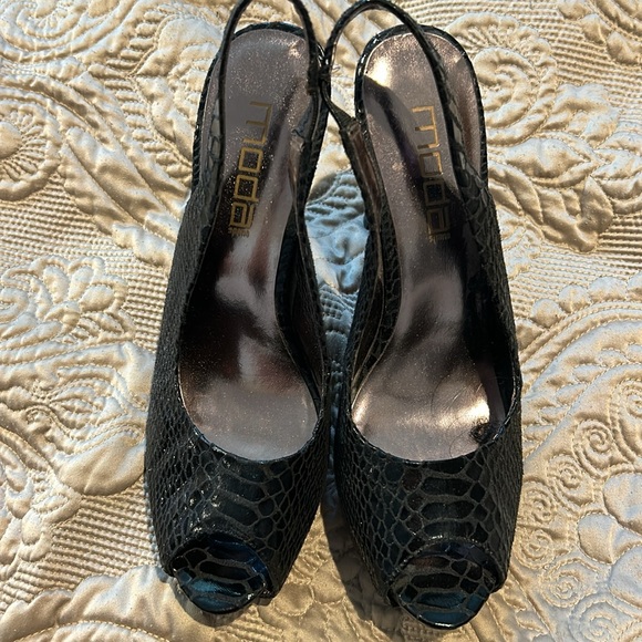 Black Embossed Python Textured Slingback Peeptoe Shoes-8.5 - Picture 3 of 7
